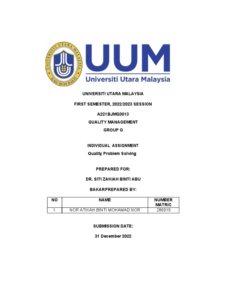 Assignment Individual Quality Management Problem Solving Quality Tools ...
