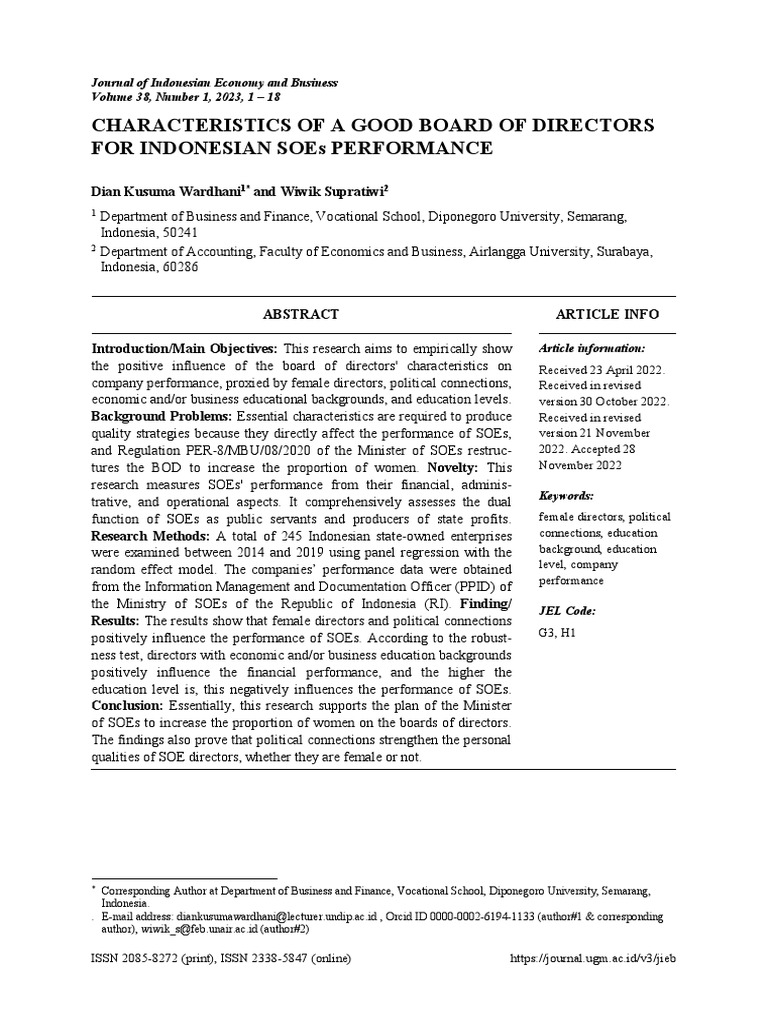 Characteristics of A Good Board of Directors For Indonesian SOEs Performance PDF State Owned
