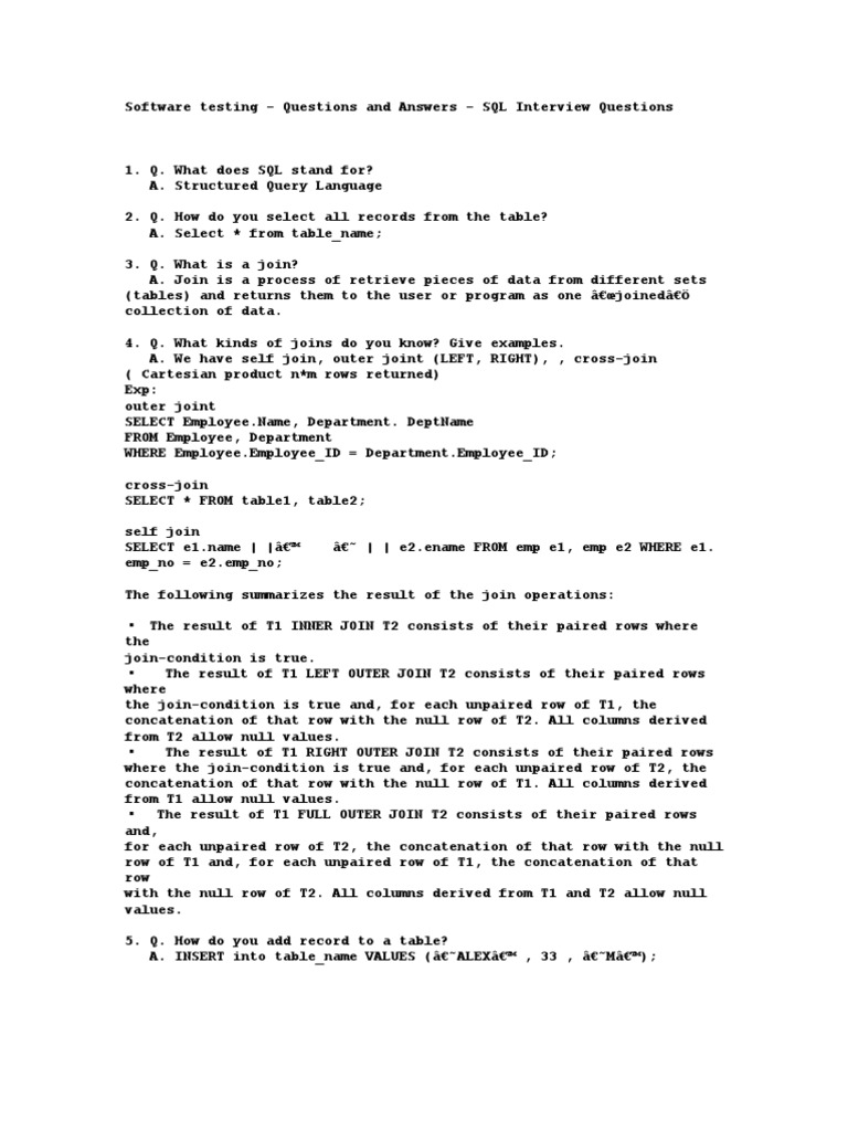 SQL Interview Questions For Software Testers | PDF