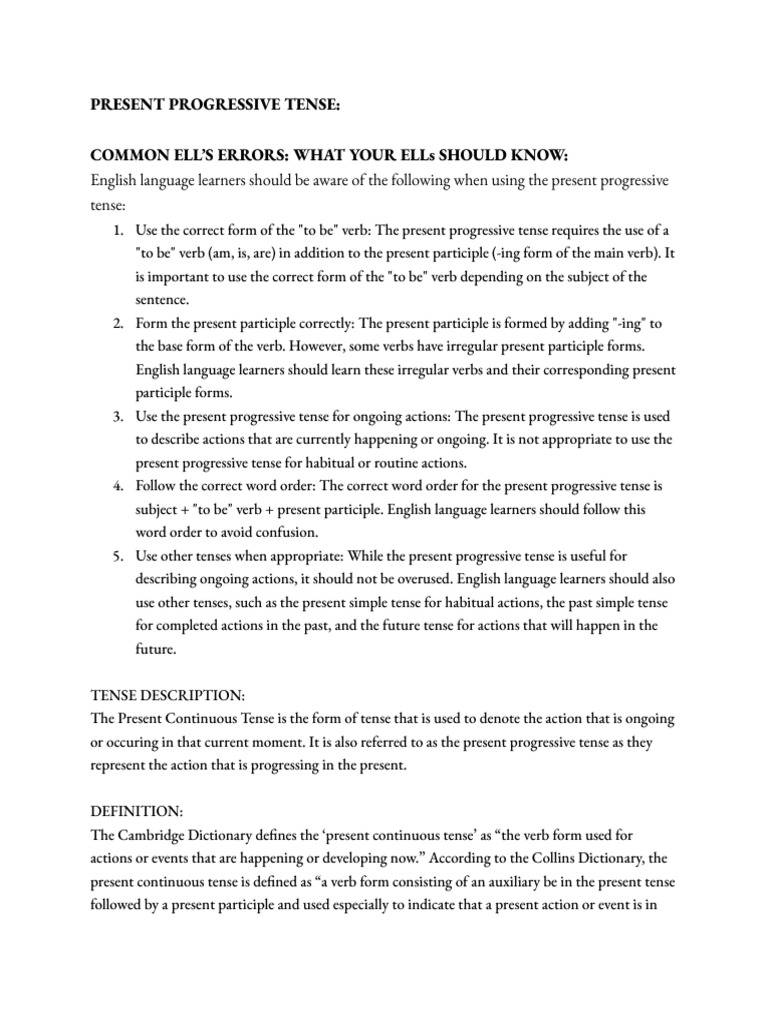 Present Progressive Tense Pdf Grammatical Tense Verb