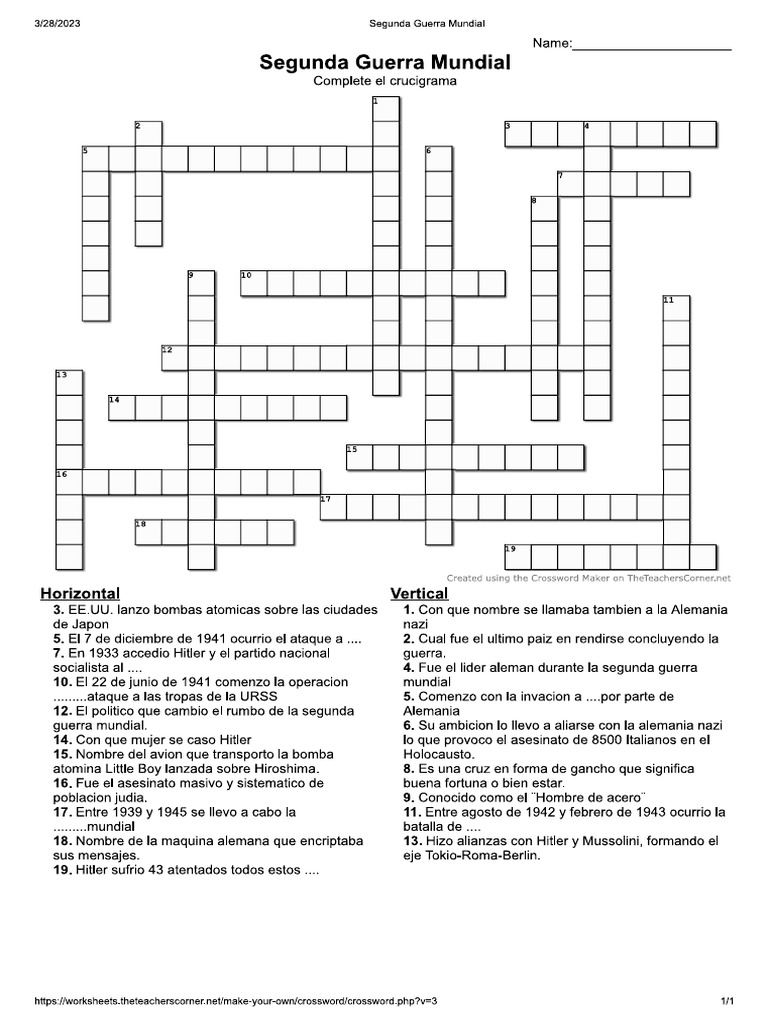 Crucigrama de La Segunda Guerra Mundial PDF