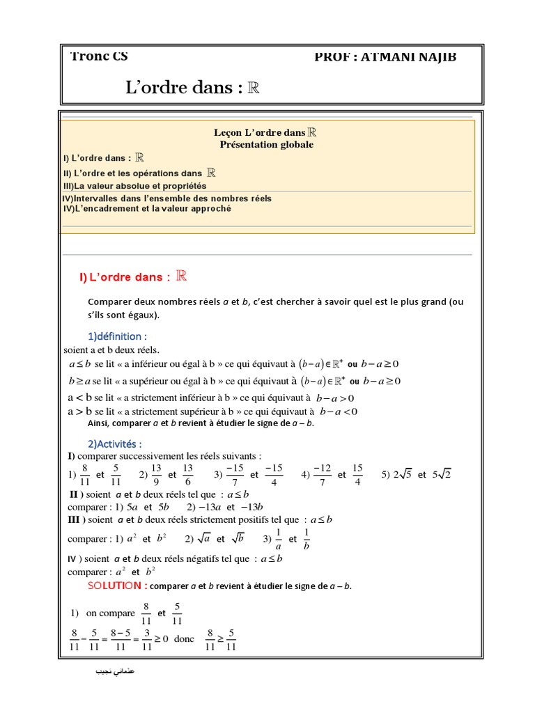 Ordre et opérations dans R | PDF | Intervalle (mathématiques ...