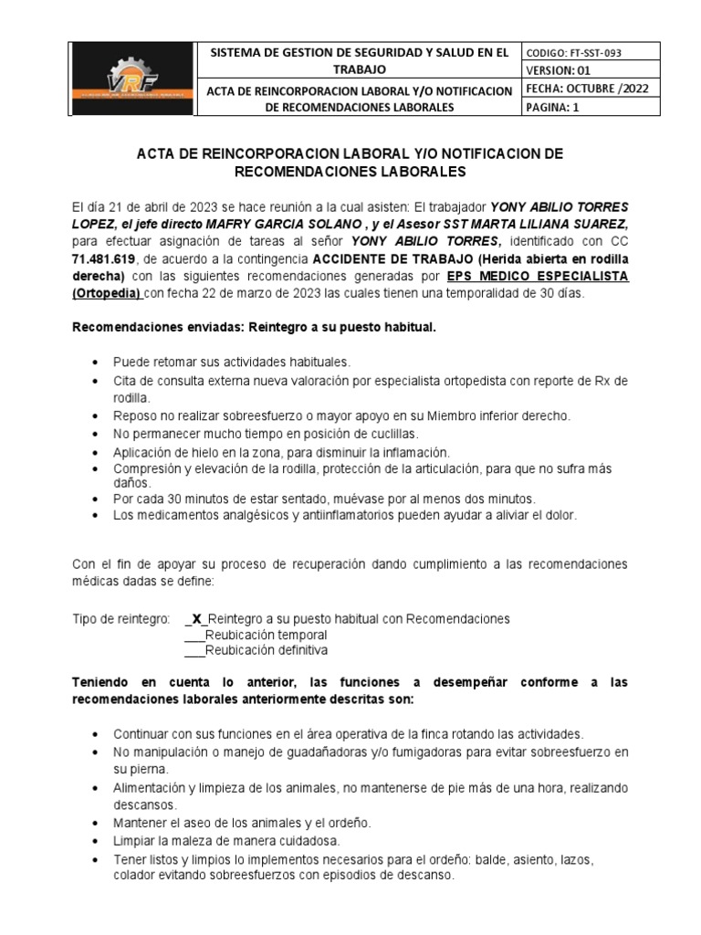 Acta de Reincorporación Laboral | PDF