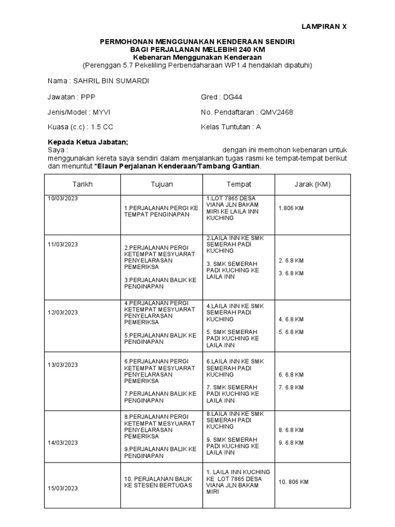 Lampiran X - Borang Kebenaran Menggunakan Kenderaan | PDF
