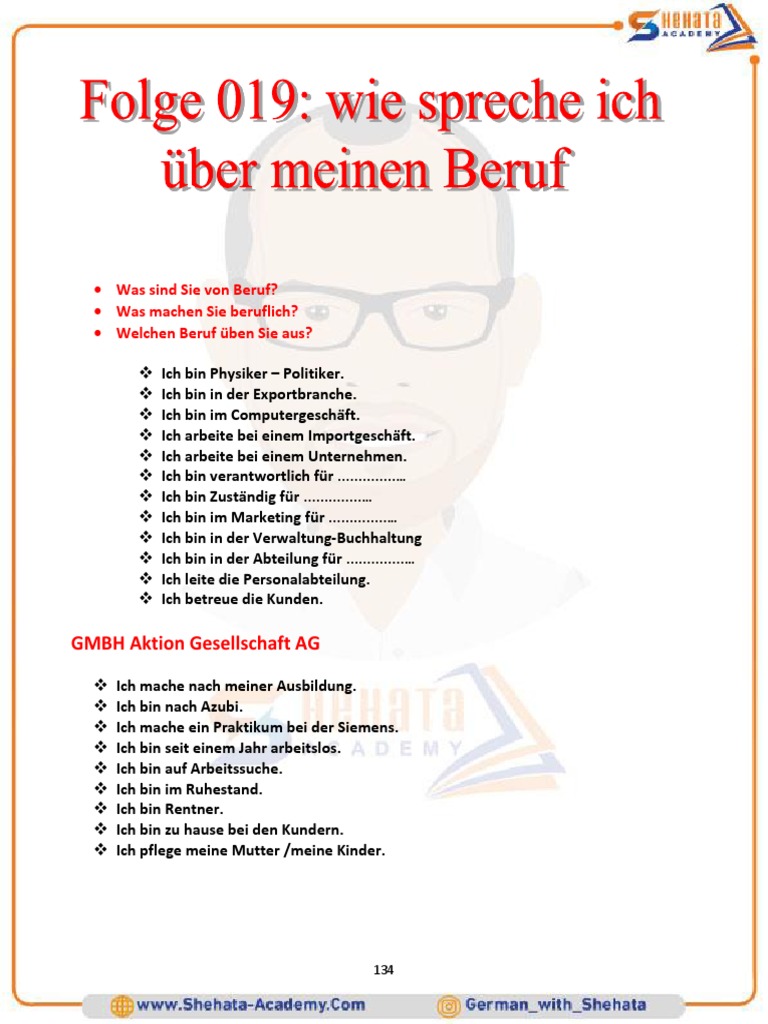 A2 Folge 19 Wie spreche ich über meinen Beruf كيف اتحدث عن مهنتي باللغة الالمانية PDF