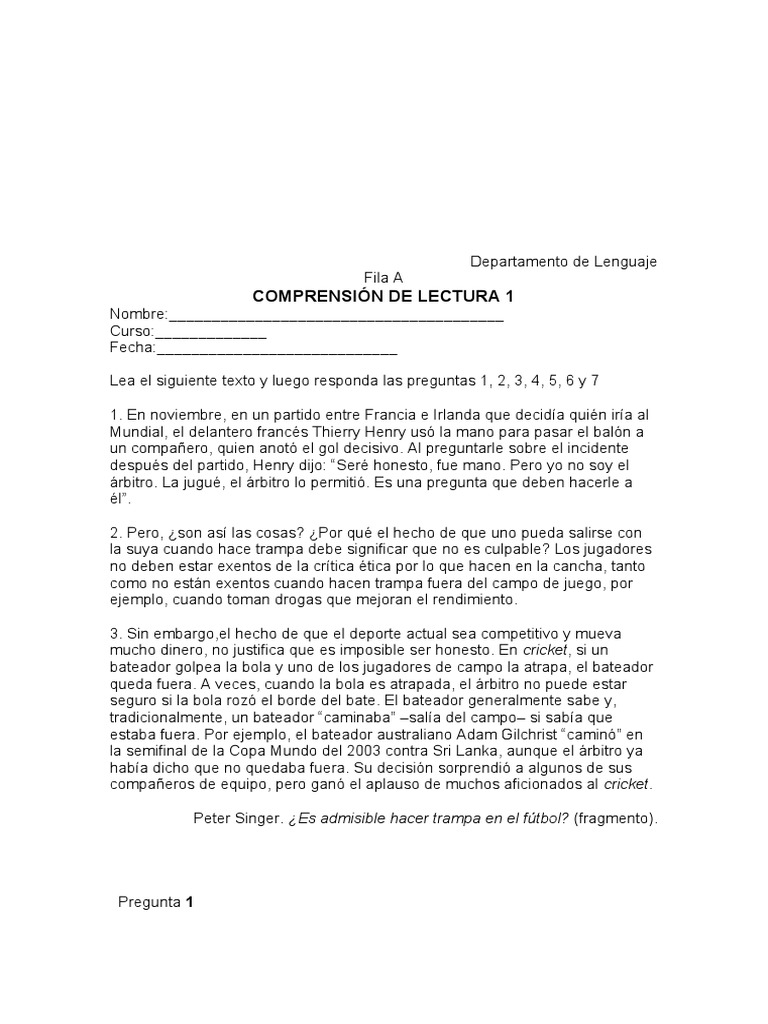 Comprensión de Lectura 1 | PDF | Asociación de Futbol | Deportes