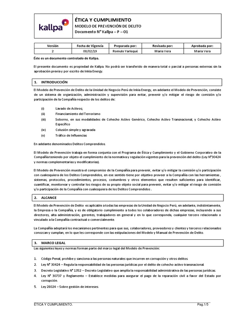 P 01 Modelo de Prevención de Delito | PDF | Soborno | Corrupción política