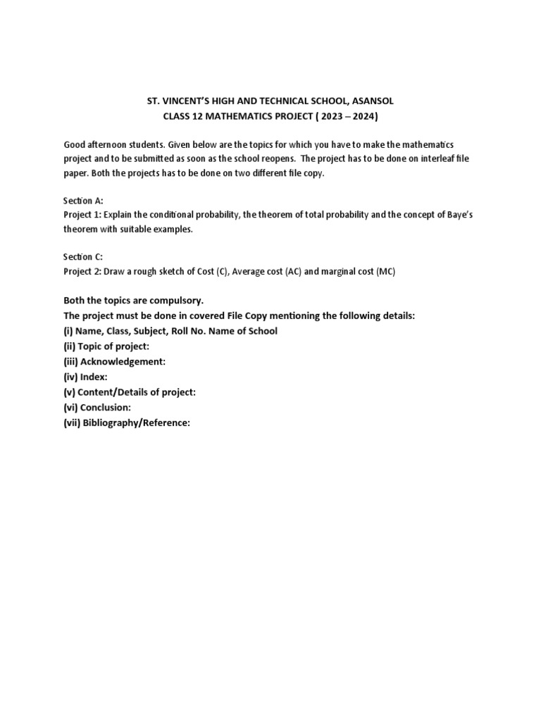 Class 12 Maths Project Guidelines | PDF | Teaching Methods & Materials ...