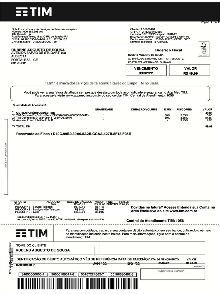 Fatura TIM - Janeiro 2022 Detalhes | PDF