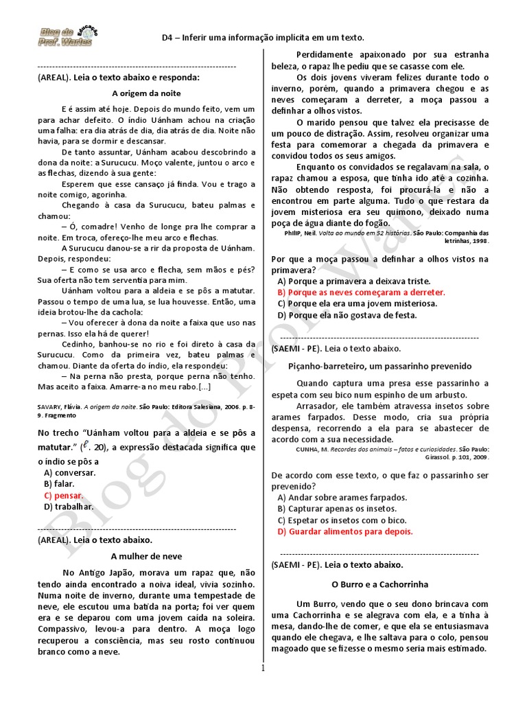 D4 (5º Ano - L.P - BLOG Do Prof. Warles) | PDF