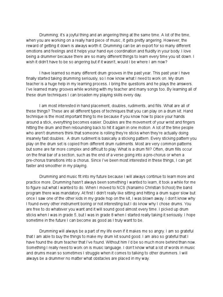 Nathan Puhl Rough Copy CTC Reflection Essay PDF Drum Kit Song