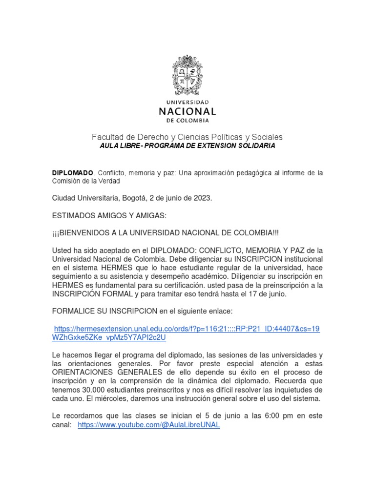 Diplomado Conflicto Memoria Y Paz Unal 2023 Pdf Evaluación