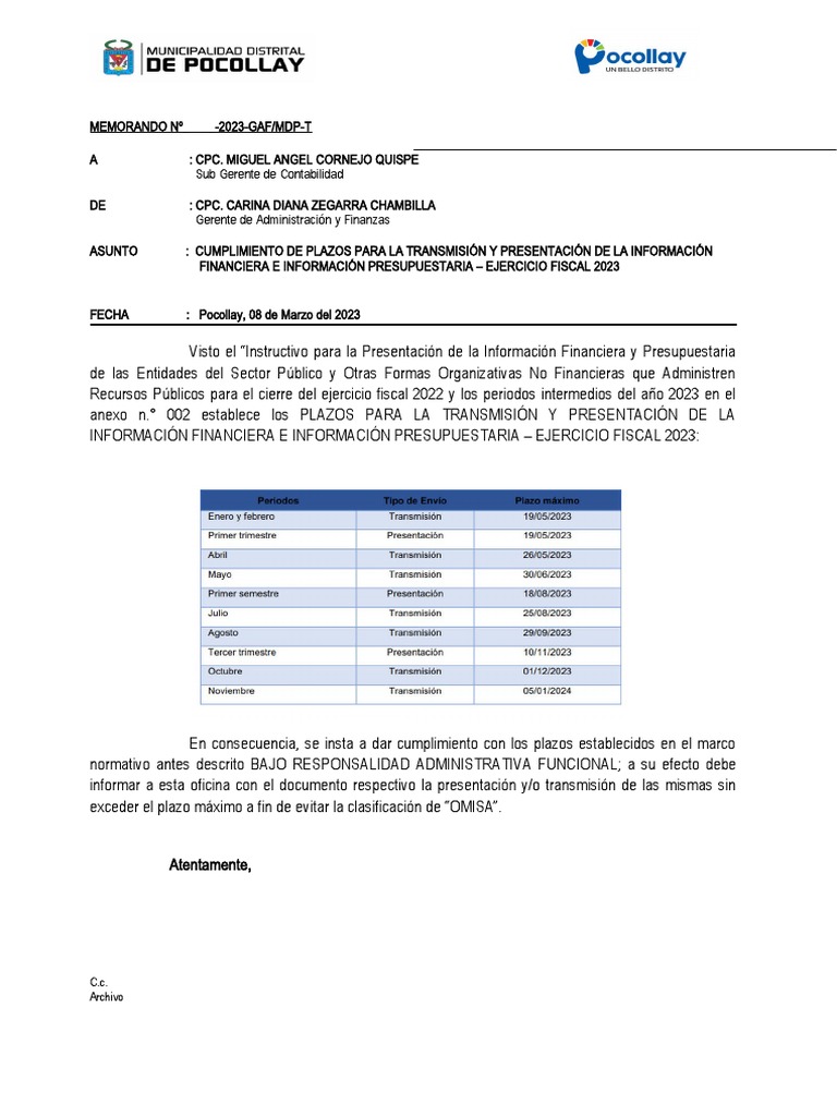 MEMORANDO N° 0003-2023 PRESENTACION DEL INF FIN Y PRESUP 2023 | PDF