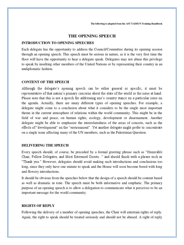 MUN Opening Speech Guidelines and Examples | PDF | Israeli Occupied ...