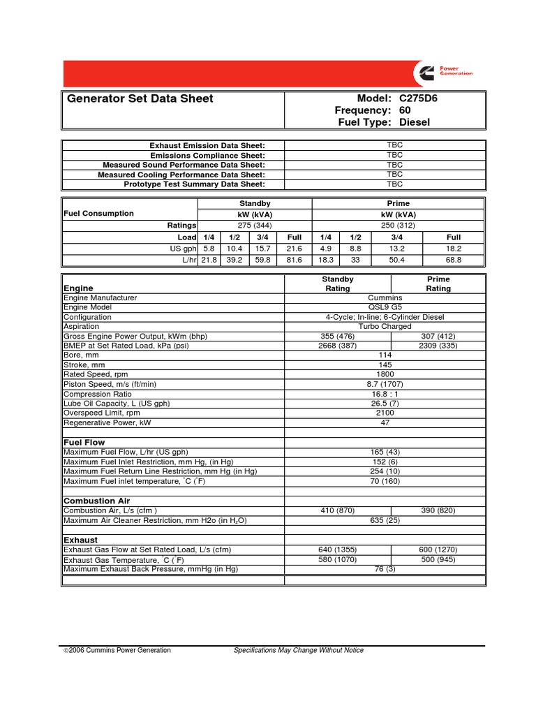 Cummins C275D6 Generator Specifications | PDF