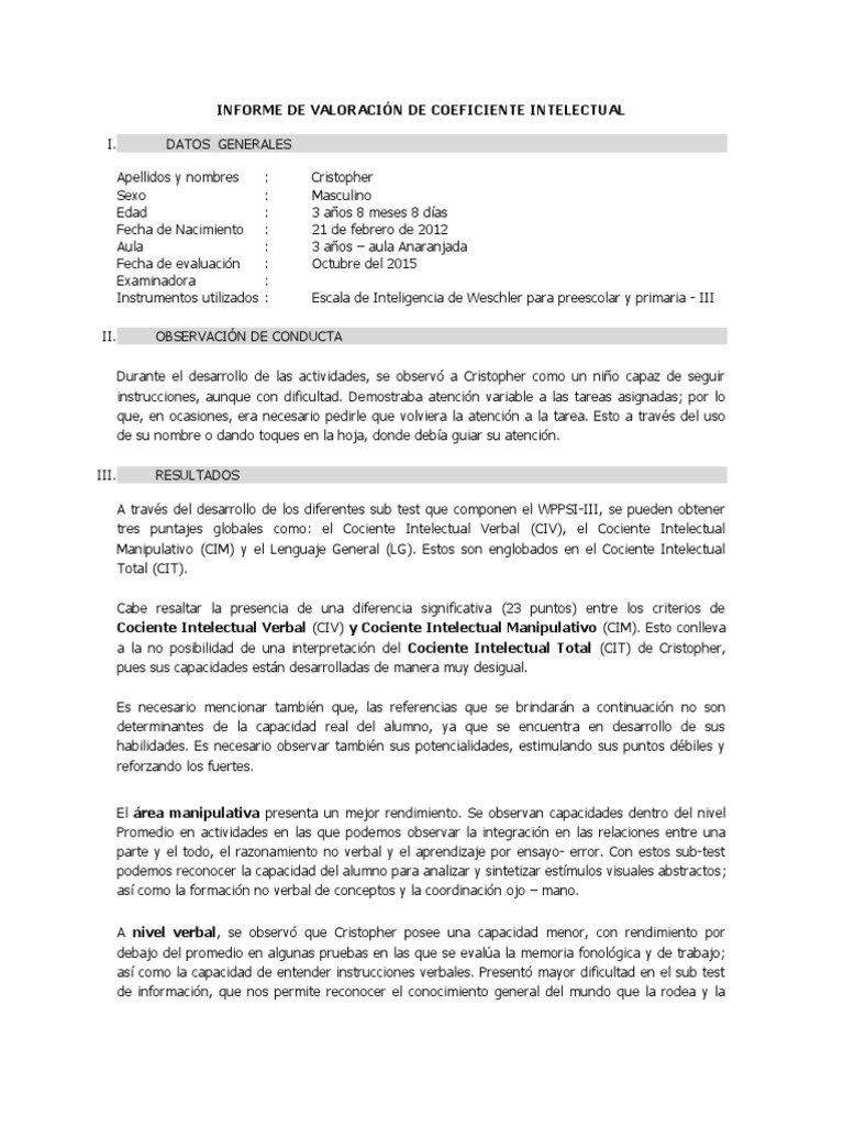 Informe de Coeficiente Intelectual Infantil | PDF | Cociente de ...