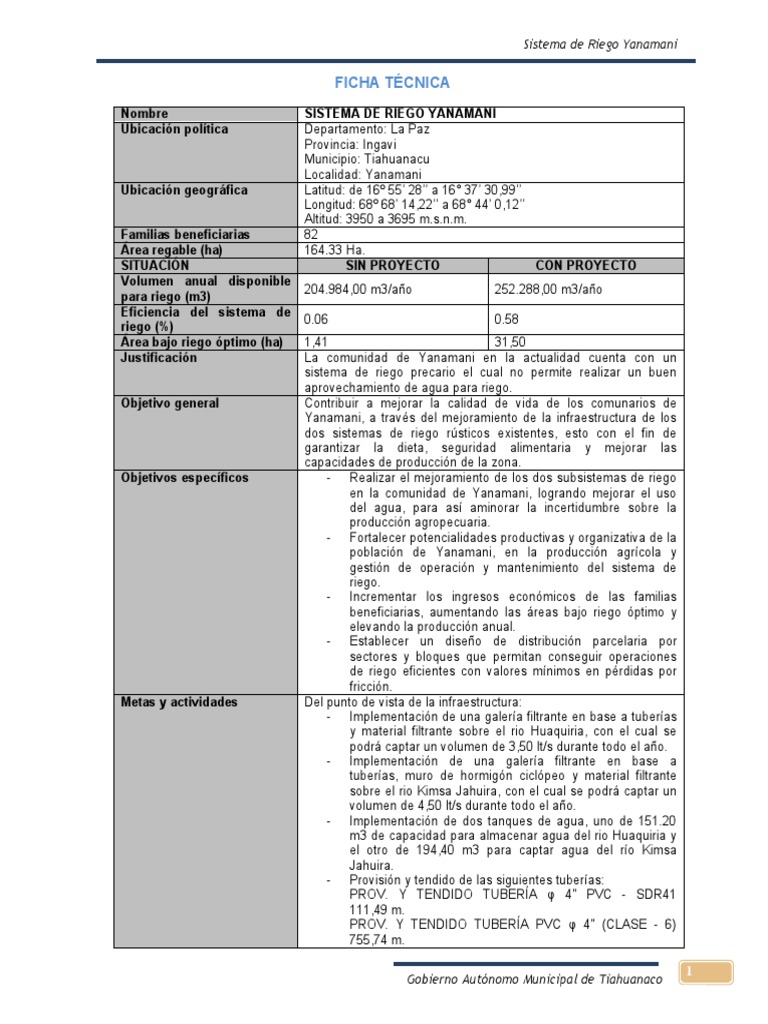 Ficha Tec Sistema de Riego Yanamani | PDF