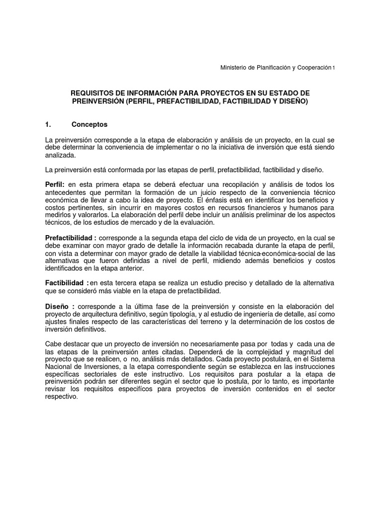 Requisitos Proyectos Etapa Preinversión | PDF | Estudio de factibilidad ...