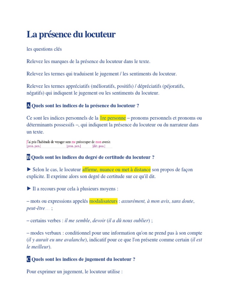 Indices de présence du locuteur dans un texte | PDF | Verbe ...