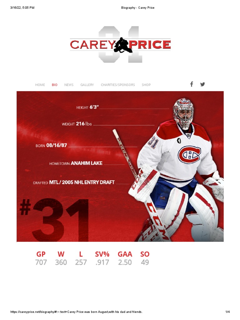 Biography - Carey Price | PDF | Ice Hockey | National Hockey League