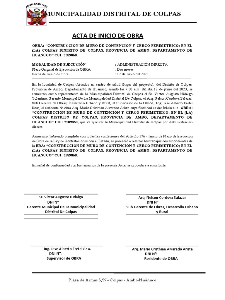 2.-Acta de Inicio de La Obra | PDF | Gobierno