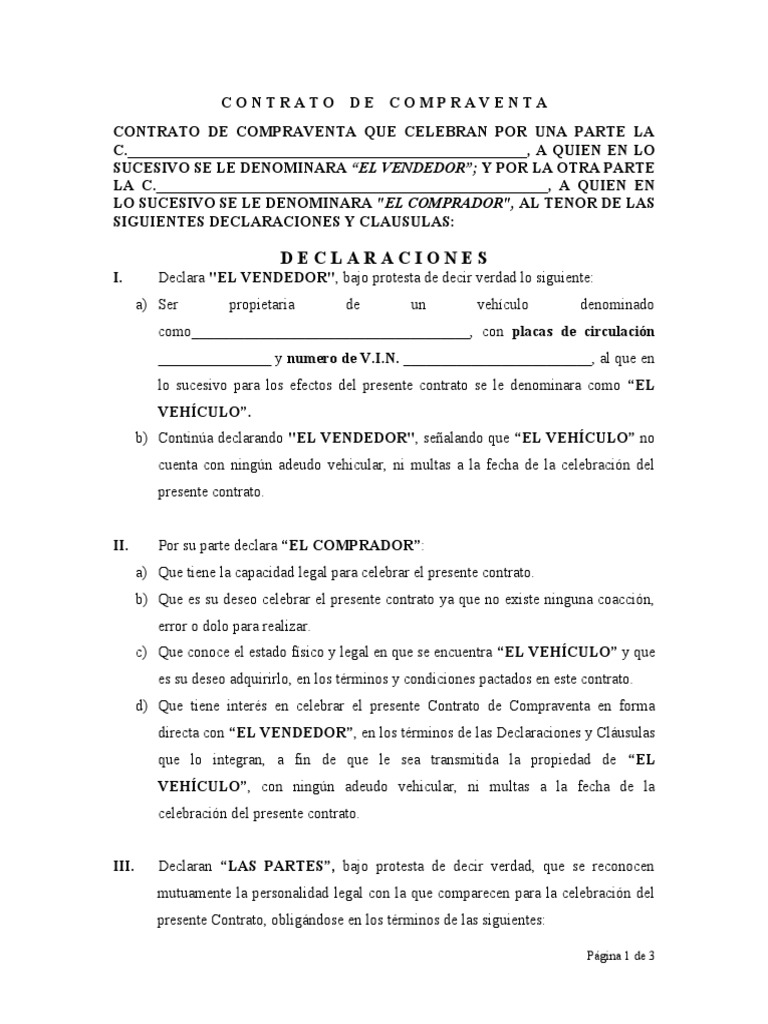 Contrato de Compra Venta de Vehiculo | PDF | Derecho civil (sistema ...