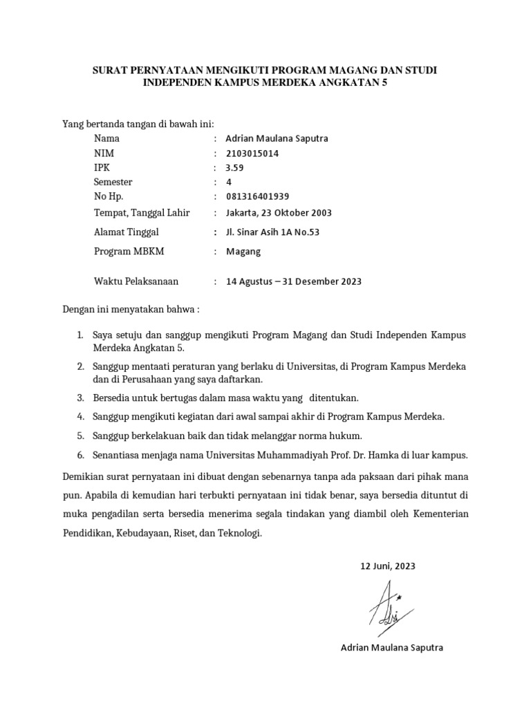 Surat Pernyataan Mengikuti Program Kampus Merdeka Pdf
