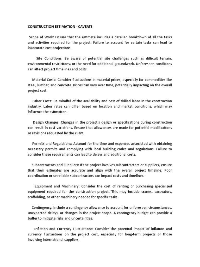 Construction Estimation - Caveats | PDF