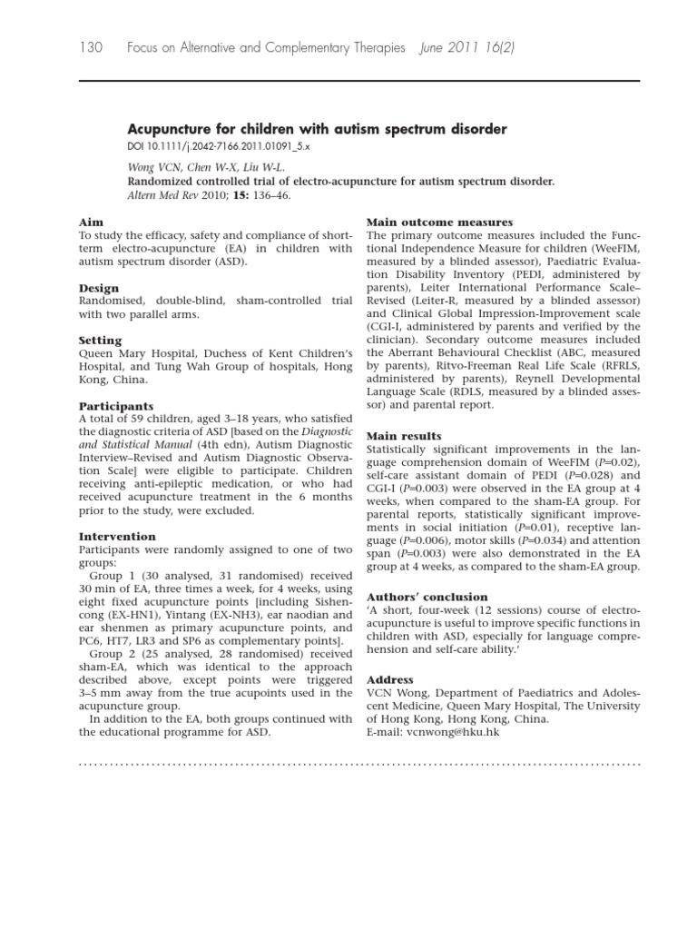 Acupuncture for children with autism spectrum disorder PDF Autism