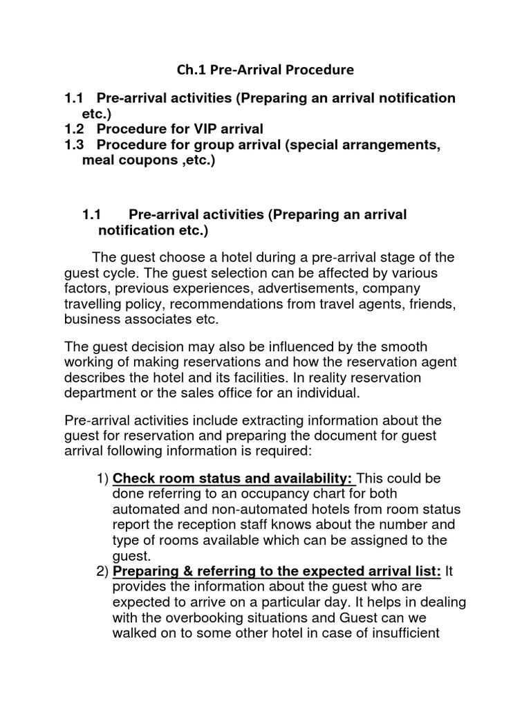 Pre-Arrival Procedures in Hospitality | PDF