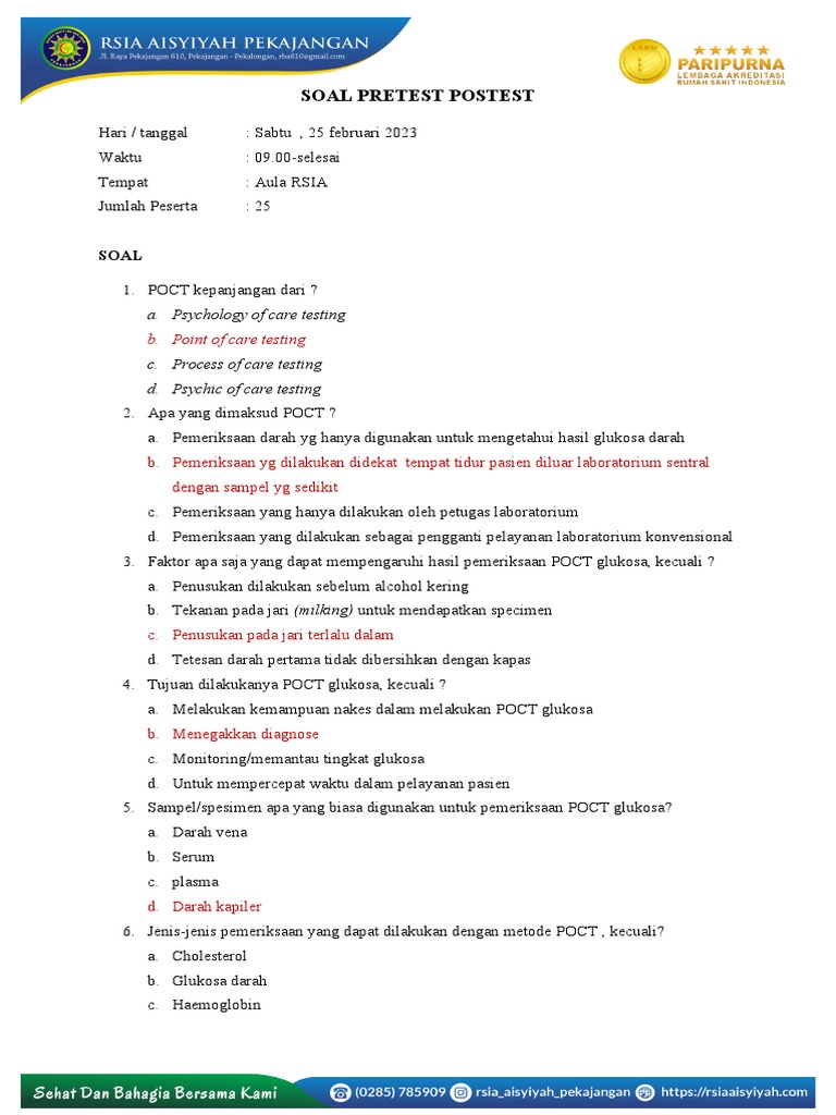 Soal Pretest Metode POCT Glukosa Darah | PDF | Sains & Matematika