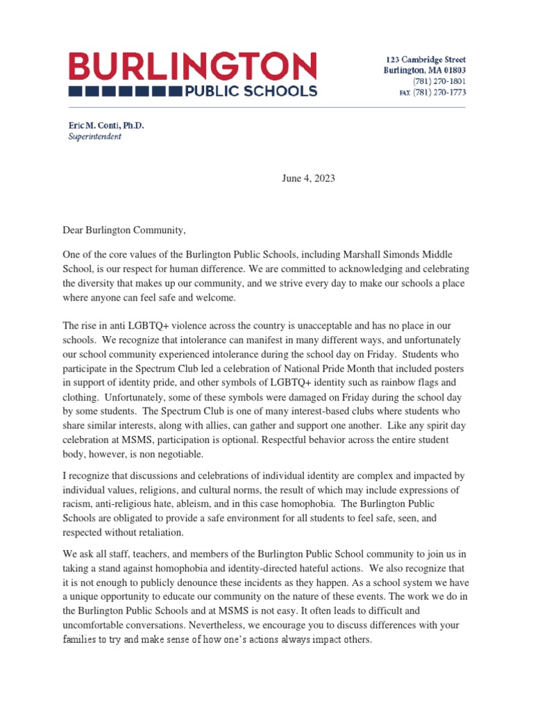 Burlington Public Schools Letter | PDF | Community | Social Psychology