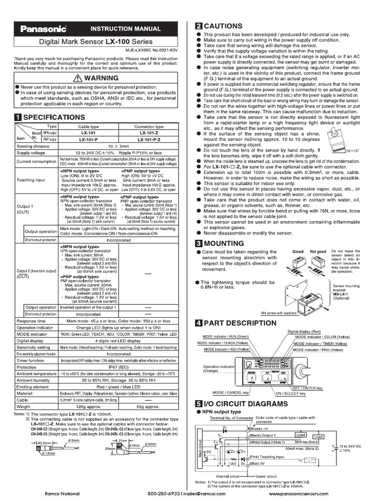 Panasonic Lx-100 Series Digital Mark Sensor Instruction Manual(1) | PDF