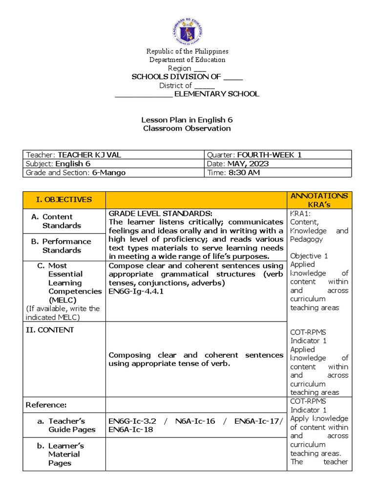 Grade 6 Verb Tenses Lesson Plan | PDF | Grammatical Tense | Curriculum