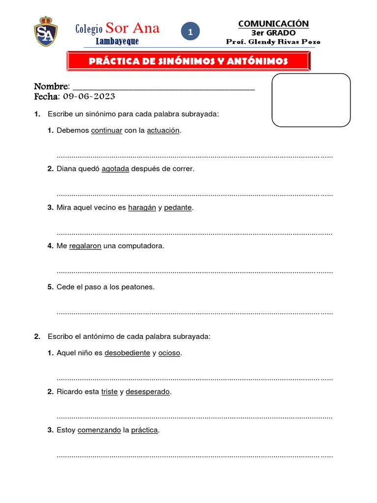 Practica de Sinonimos y Antonimos | PDF