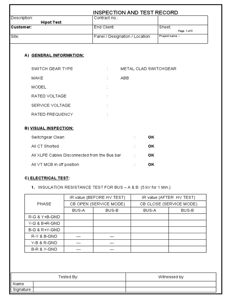 Hipot Test Inspection Record | PDF | Power (Physics) | Electrical Equipment