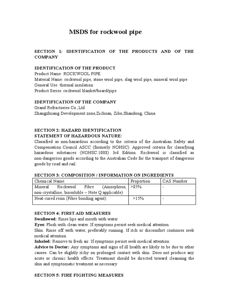 Rockwool Pipe MSDS PDF Occupational Safety And Health Chemistry