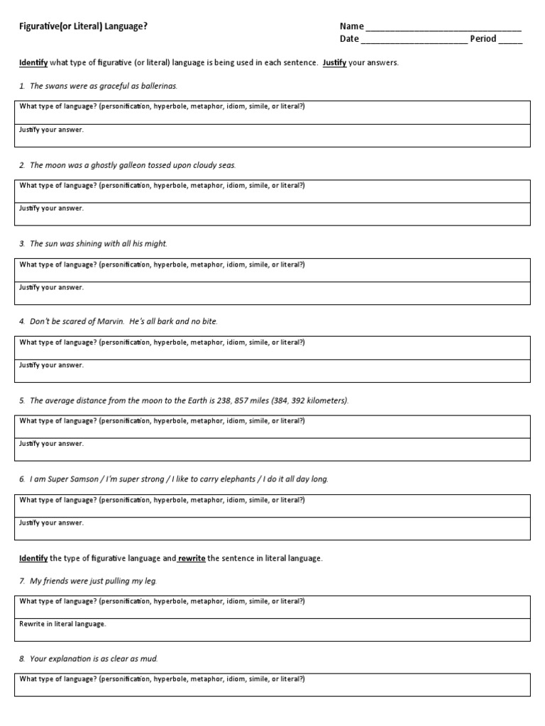 Identify Interpret Justify Rewrite Figurative Examples PDF