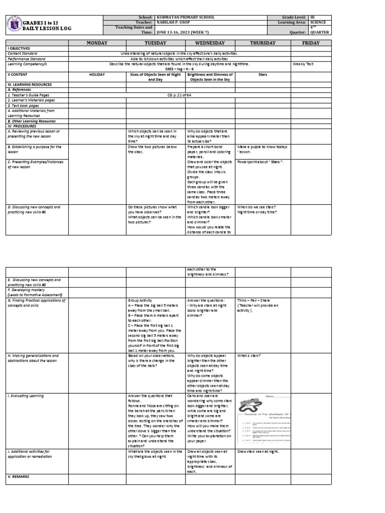 Grade 3 Science Daily Lesson Log | PDF