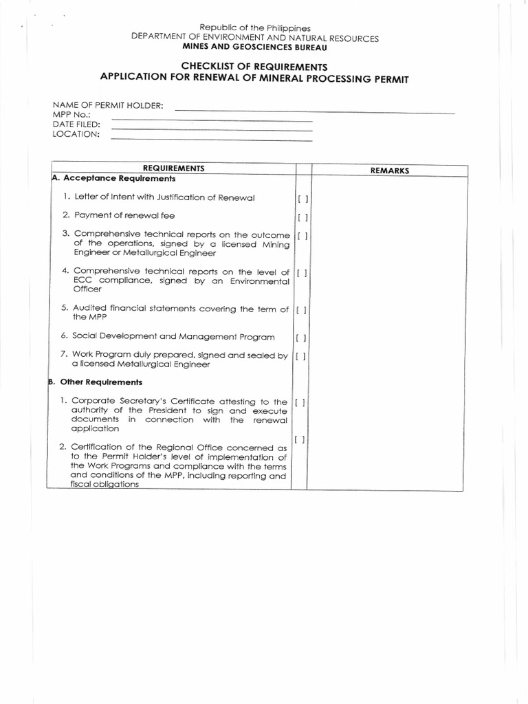 Checklist For Reqs Application For Renewal of Mineral Processing