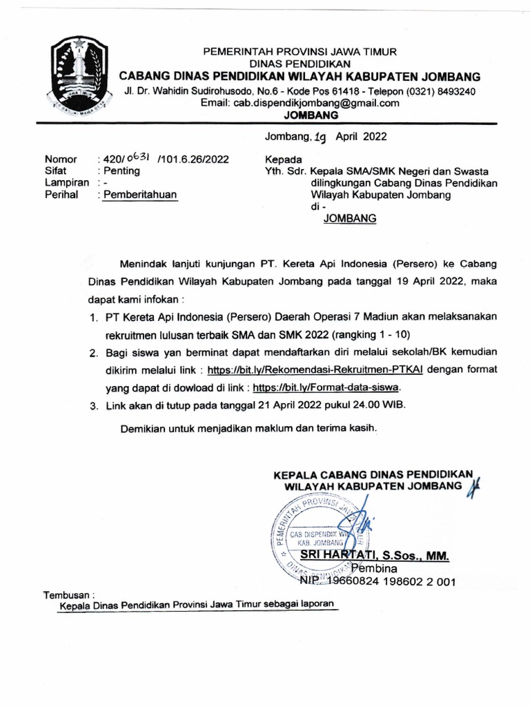 Surat Pemberitahuan Recruitment PT - Kereta Api - 20220419 - 0001 | PDF