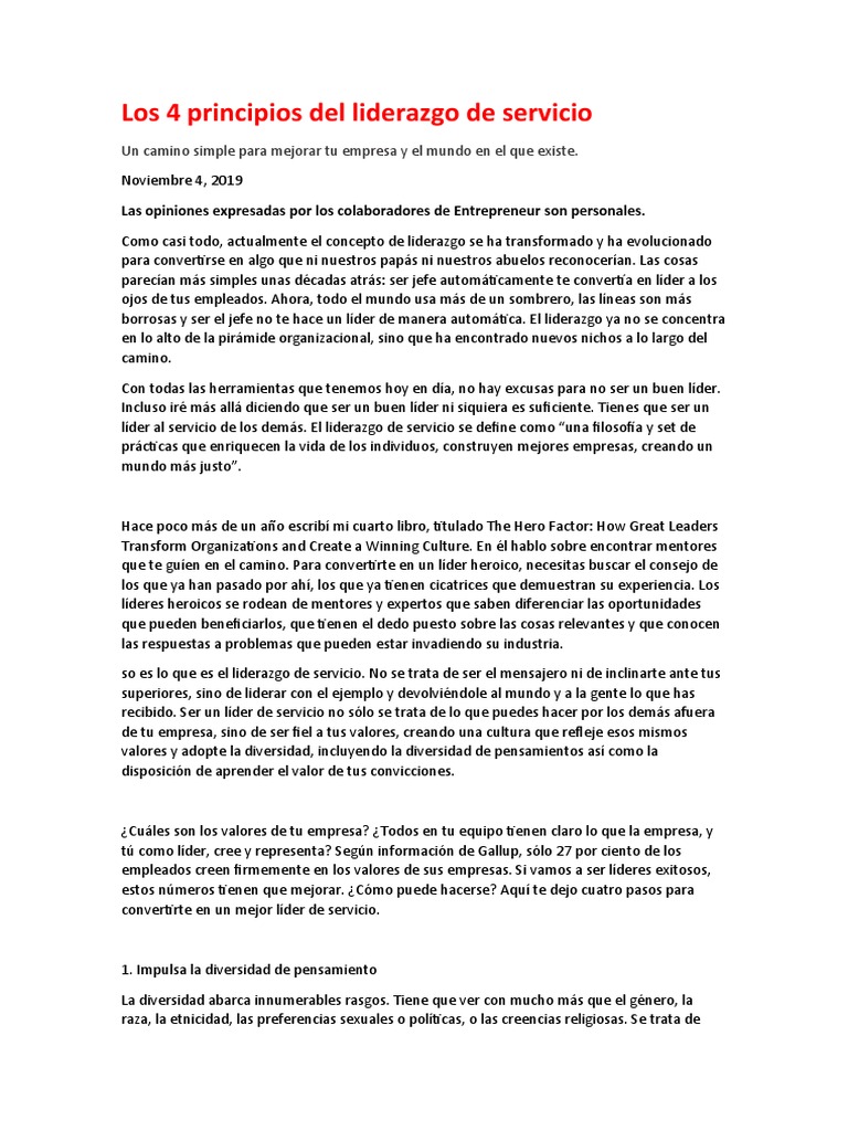 Lectura 6 Los 4 Principios Del Liderazgo De Servicio Pdf
