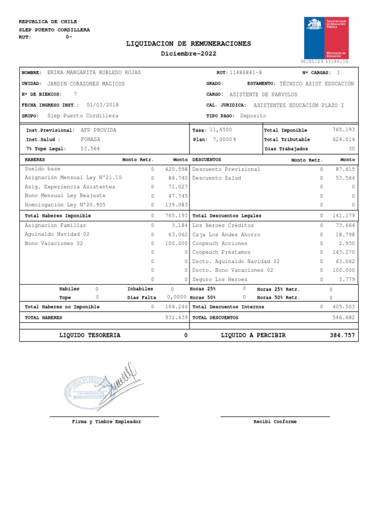 Liquidacion de sueldo erika robledo rojas pdf chile economias