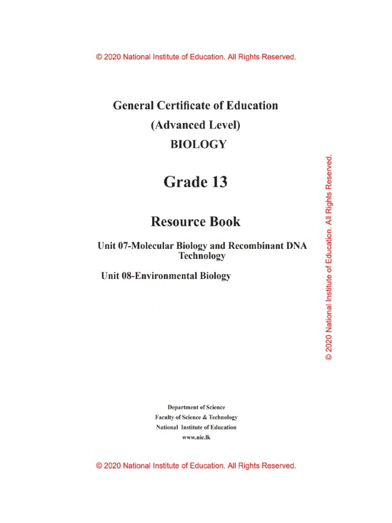 Grade 13 Biology Resource Book Unit 7 Unit 8 English F | PDF