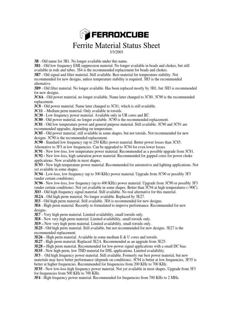 Ferroxcube Ferrite Material Status Sheet 2003 PDF
