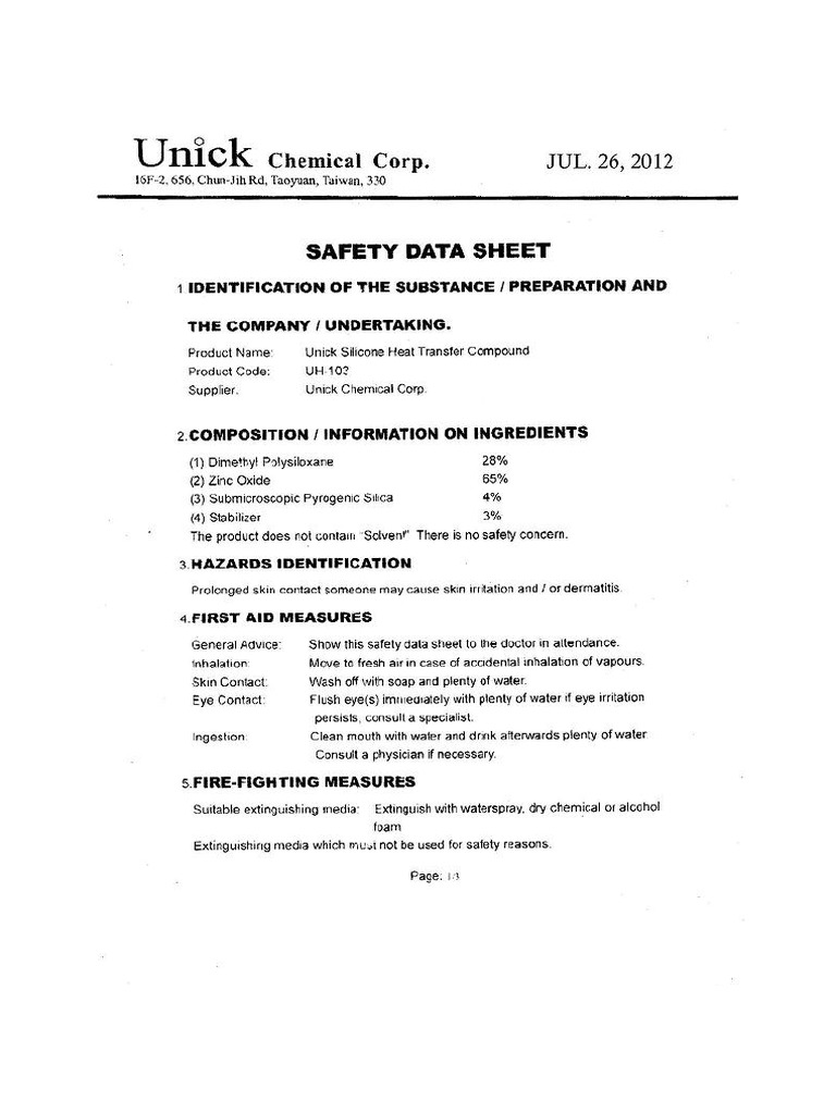 Unick Heatsink Compound MSDS PDF