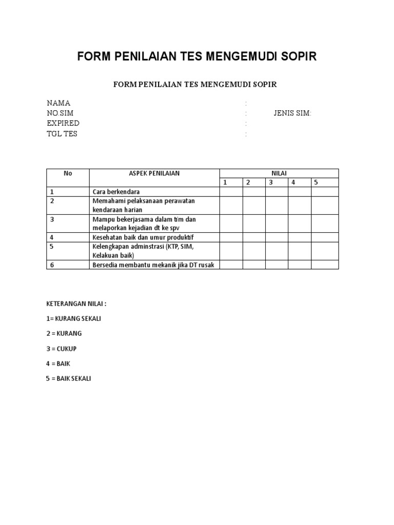Form Penilaian Tes Mengemudi Sopir | PDF
