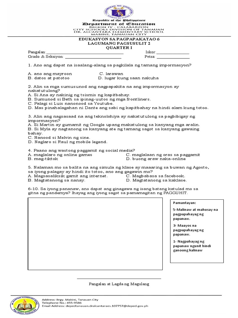 Q1 ESP 6 Summative Test 2 | PDF