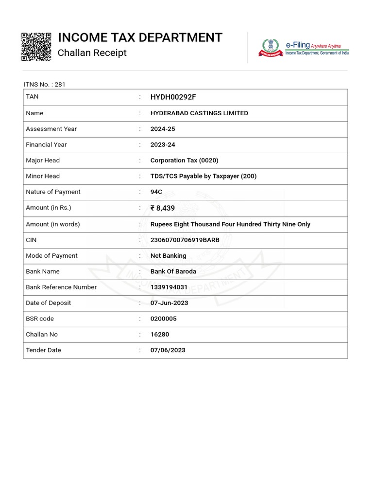 BSR Code 0200005 Payment Receipt | PDF | Taxes | Taxpayer