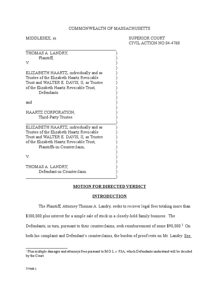 Motion For Directed Verdict (Final) PDF Lawyer Declaratory Judgment